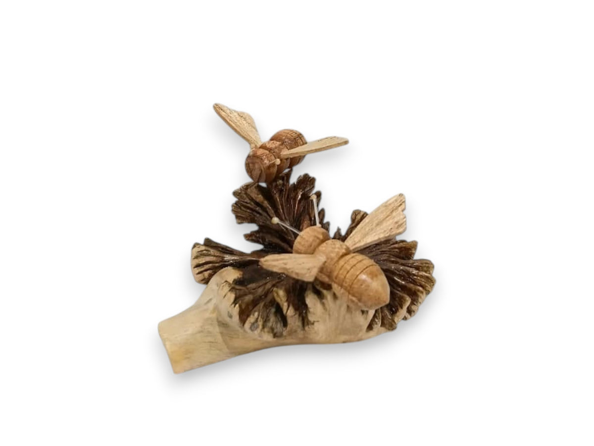 Two Hand-Carved Wooden Bees on Bracket Mushroom Sculpture