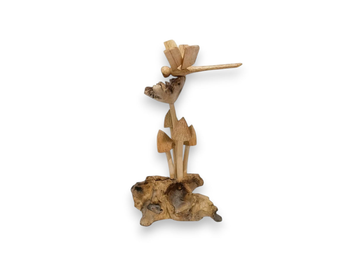 Hand-Carved Wooden Dragonfly with Four Mushrooms Sculpture
