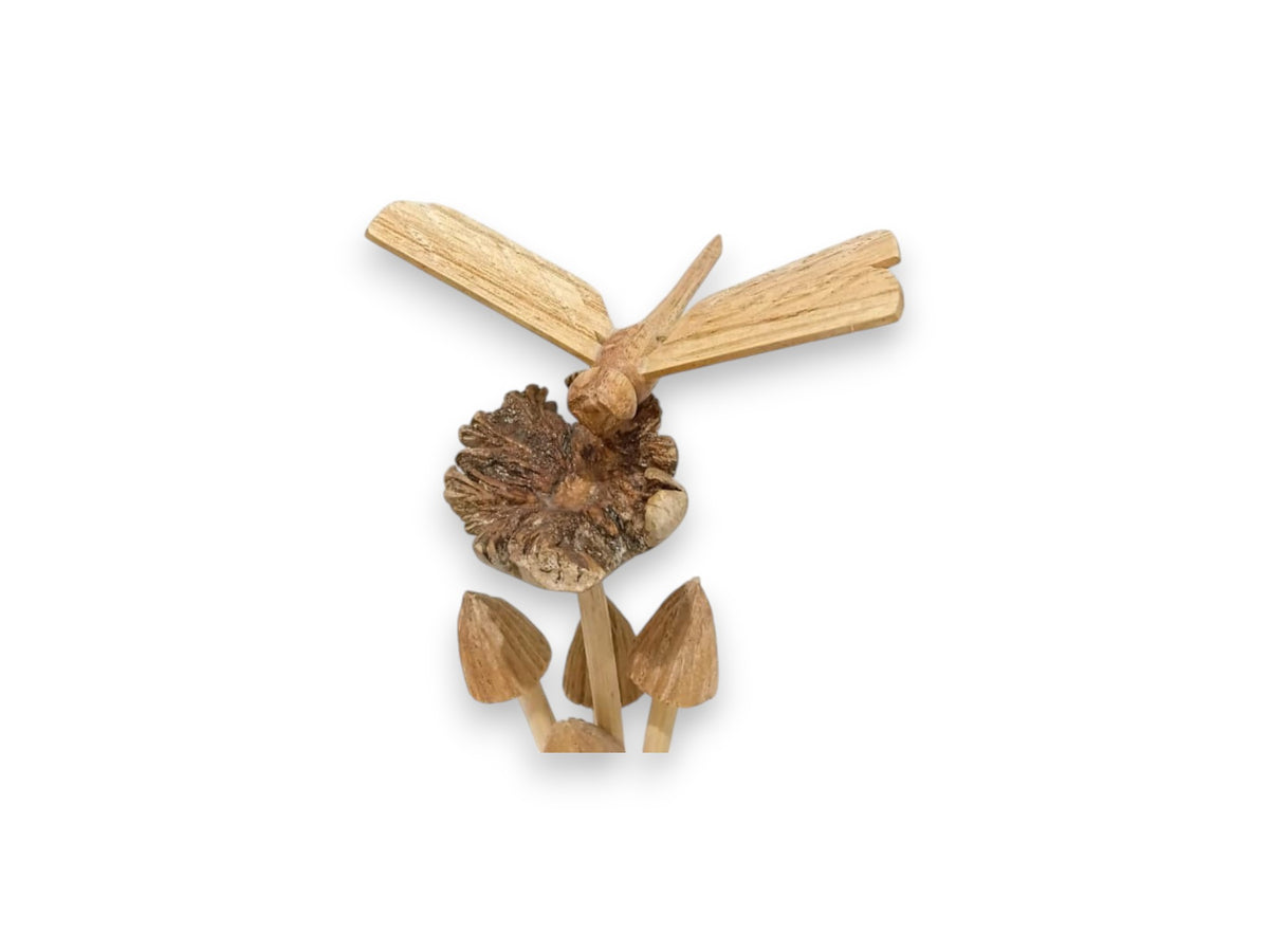 Hand-Carved Wooden Dragonfly with Four Mushrooms Sculpture