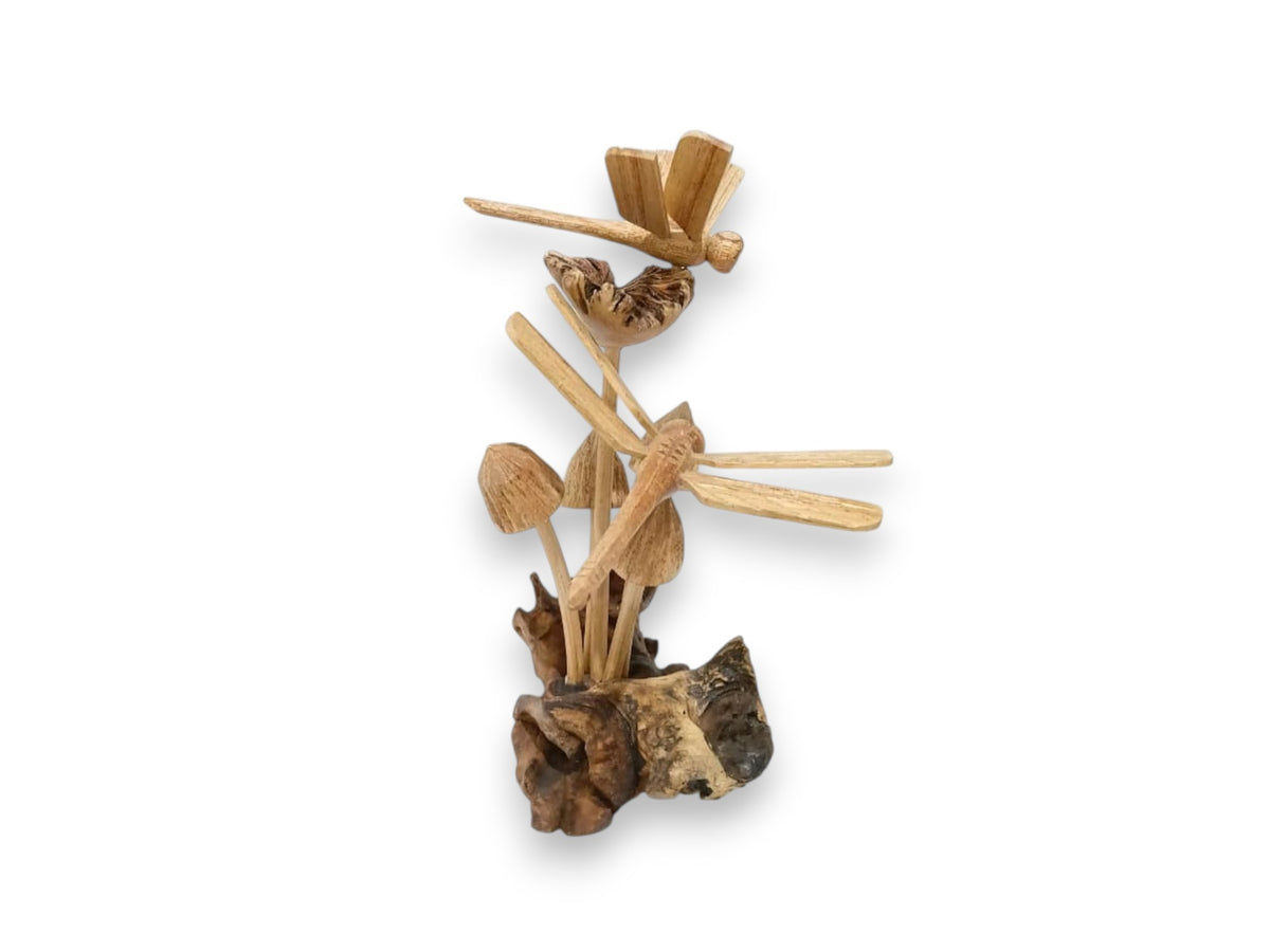 Two Hand-Carved Wooden Dragonflies with Mushroom Sculpture