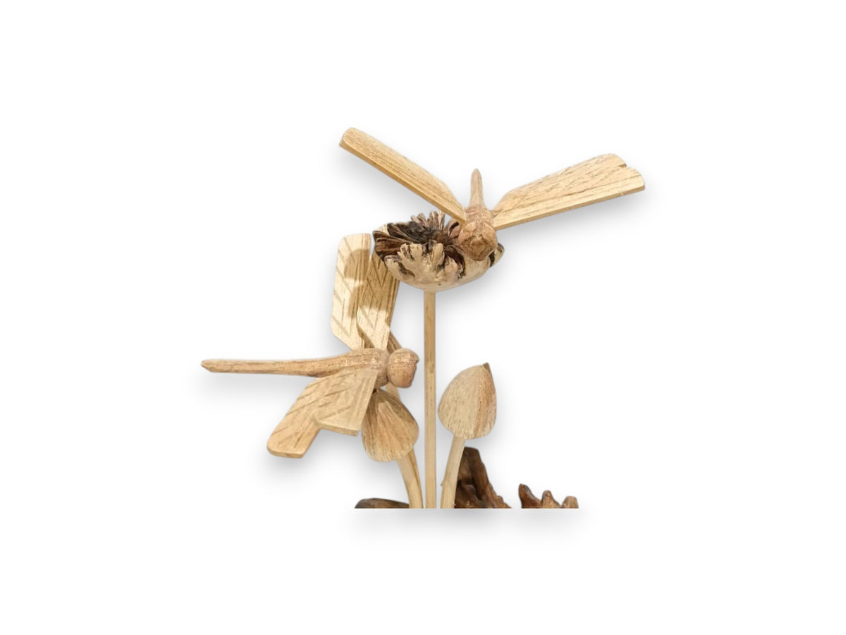 Two Hand-Carved Wooden Dragonflies with Mushroom Sculpture