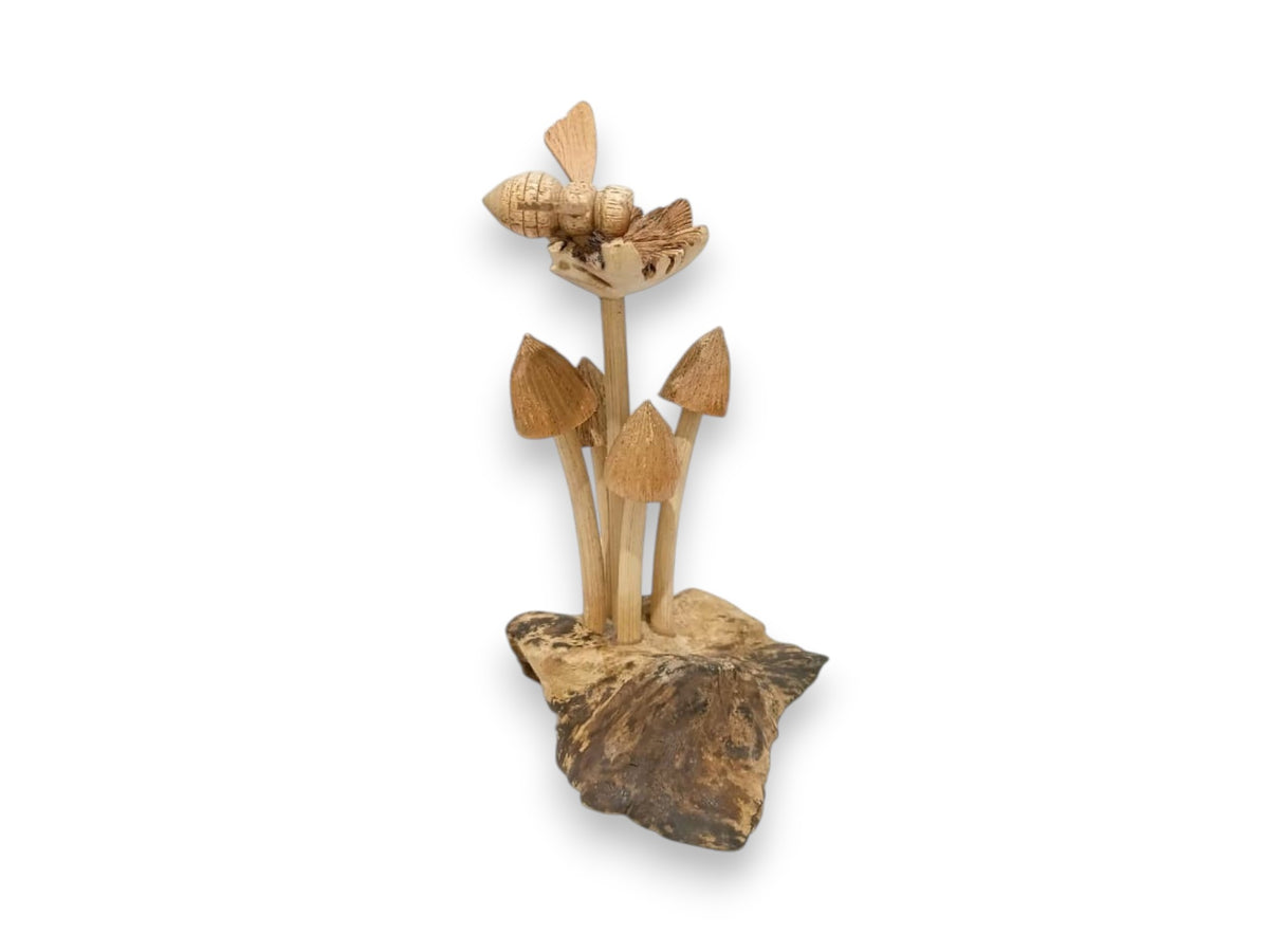 Hand-Carved Wooden Bee with Four Mushrooms Sculpture