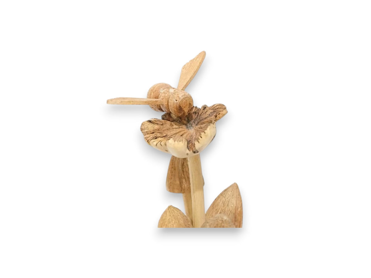 Hand-Carved Wooden Bee with Four Mushrooms Sculpture