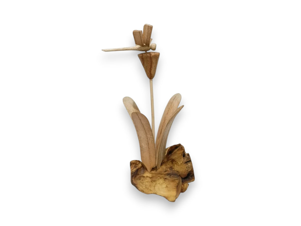 Hand-Carved Wooden Dragonfly Above Flower and Leaves Sculpture