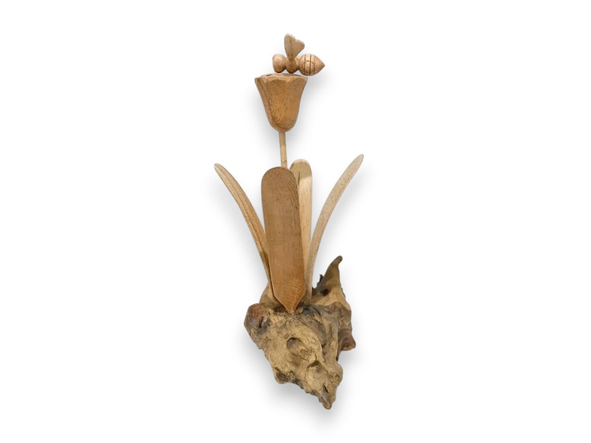 Hand-Carved Wooden Bee on Tall Flower and Leaves Sculpture