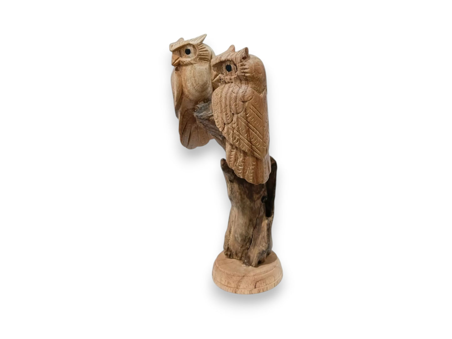 Hand Carved Wooden Owl Couple Sculpture on Driftwood