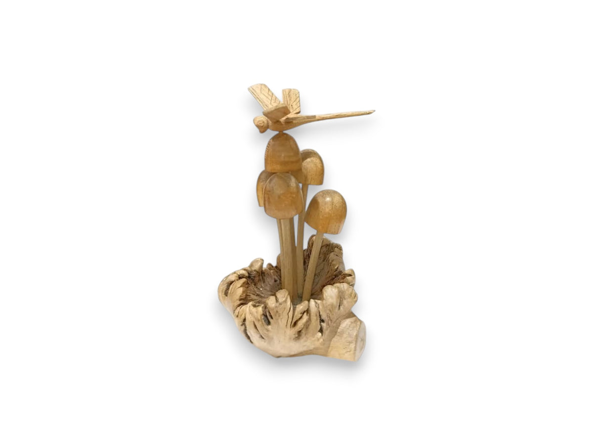 Hand Carved Wooden Dragonfly and Mushroom on Natural Rootwood Sculpture