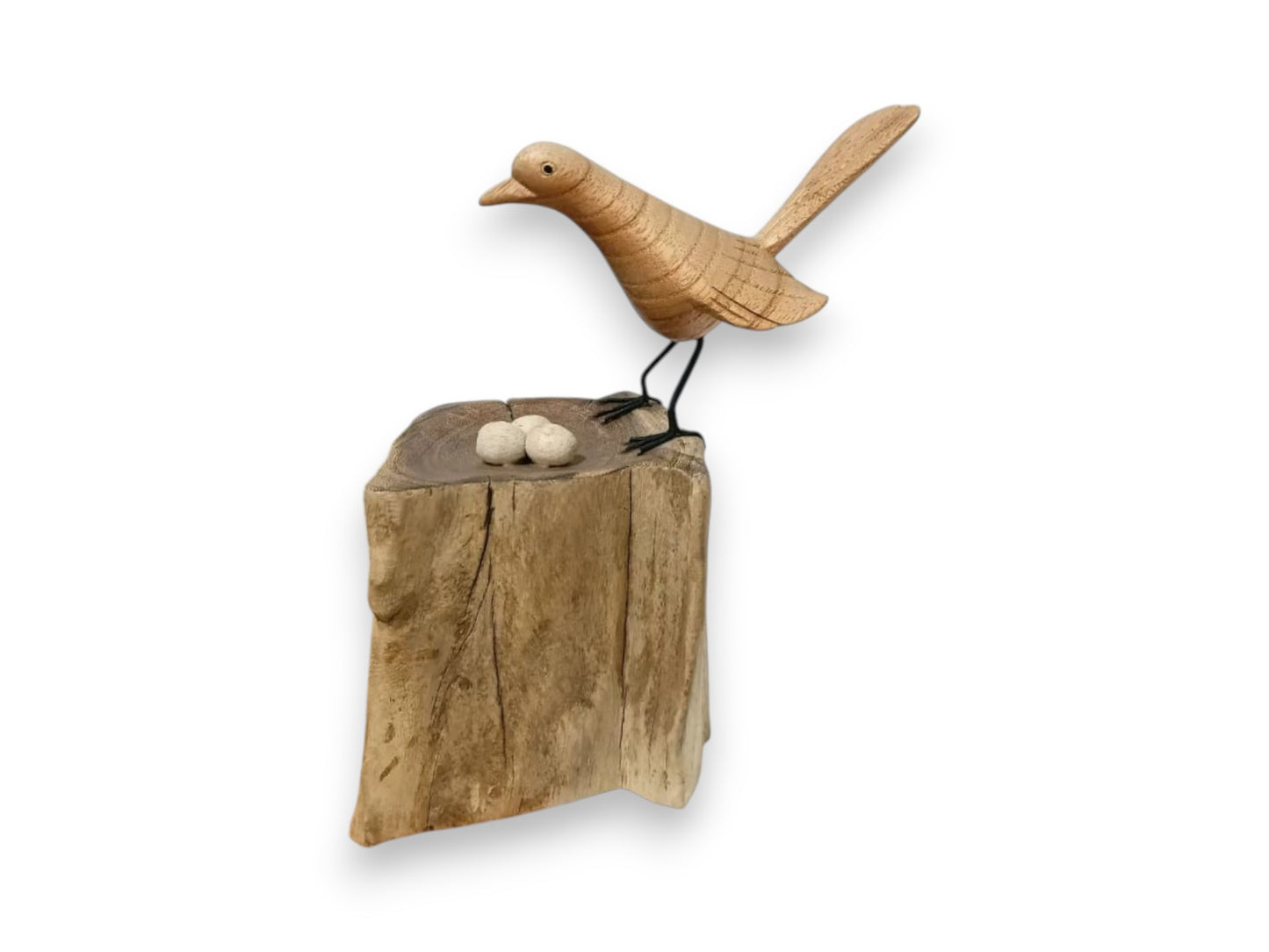 Hand Carved Wooden Bird with Three Eggs on Driftwood Sculpture