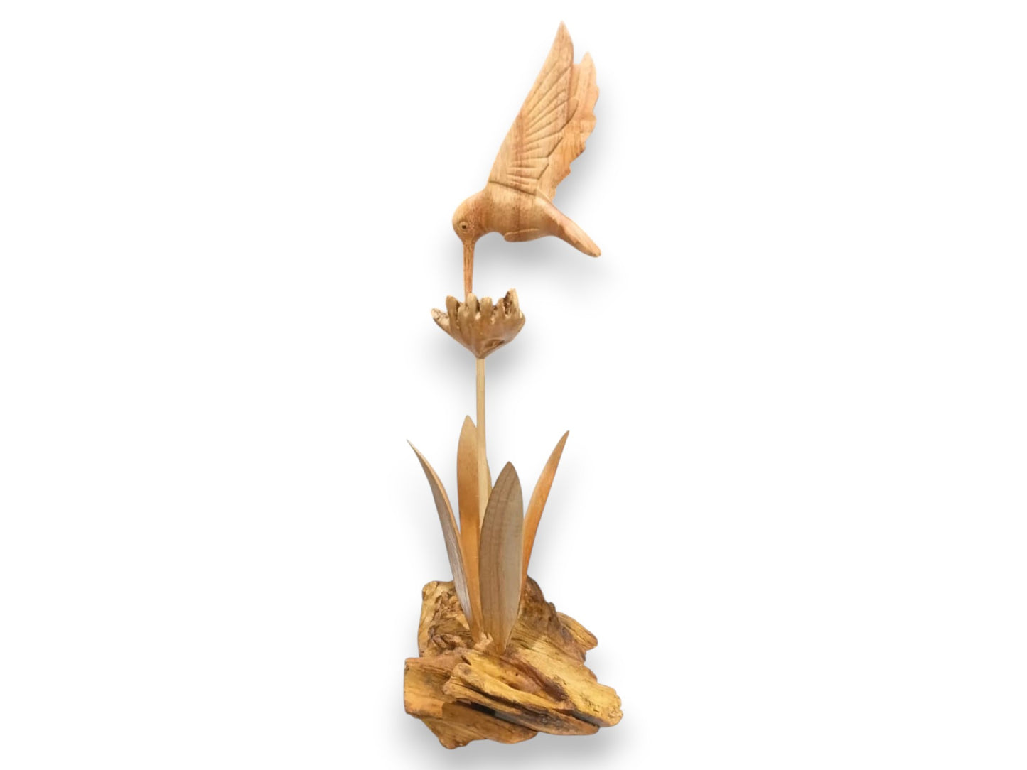 Hand Carved Wooden Hummingbird Feeding Flower Sculpture