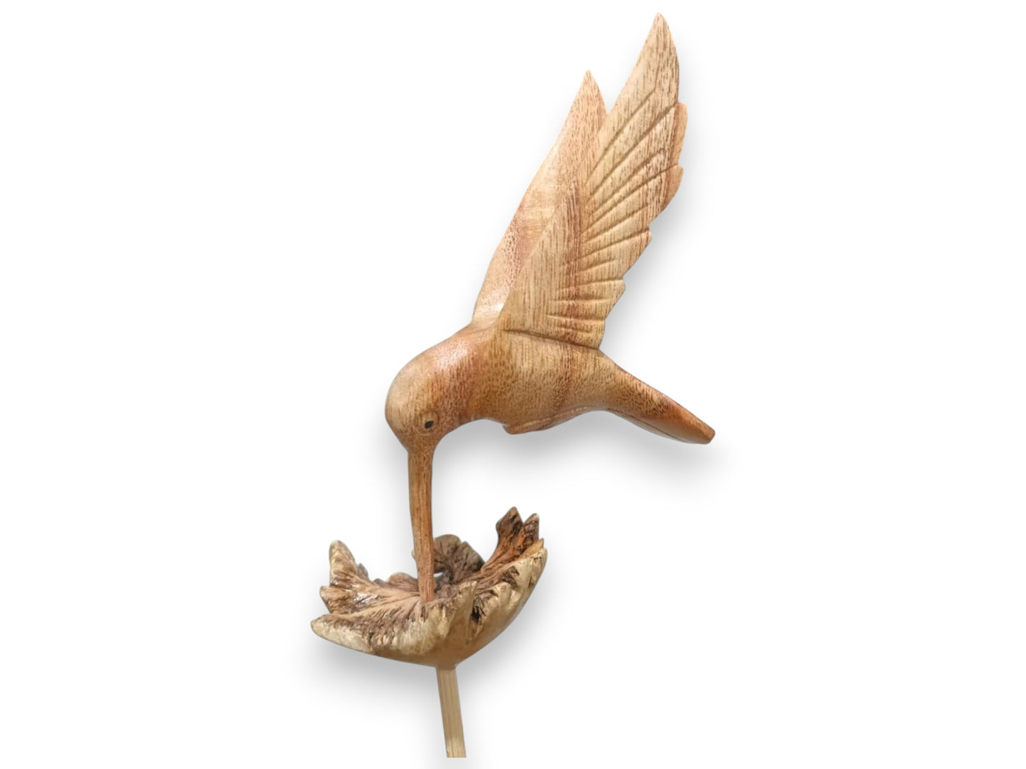 Hand Carved Wooden Hummingbird Feeding Flower Sculpture