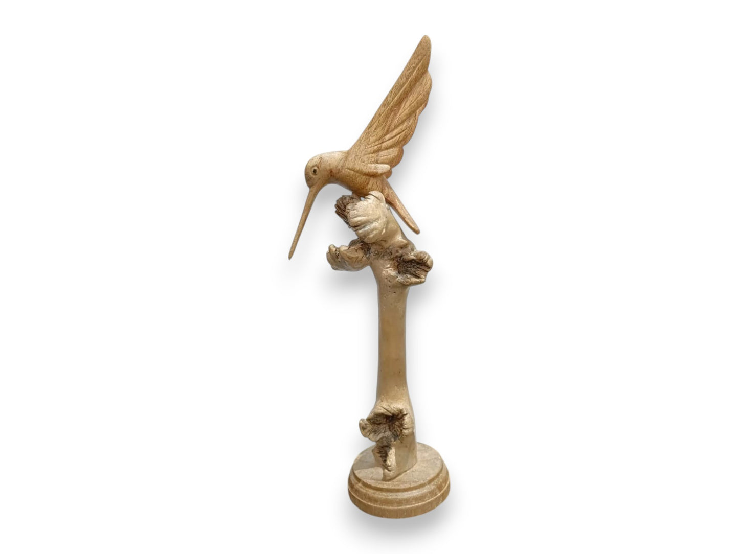 Hand Carved Wooden Hummingbird and Flowers Sculpture