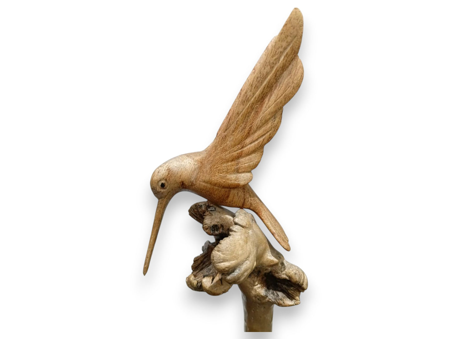 Hand Carved Wooden Hummingbird and Flowers Sculpture