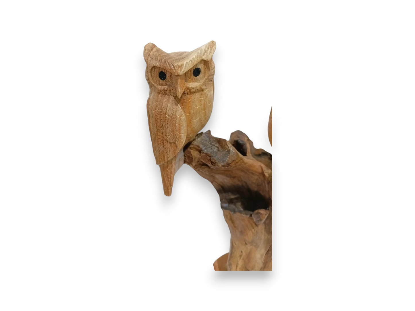 Hand Carved Wooden Owl Couple Sculpture on Driftwood
