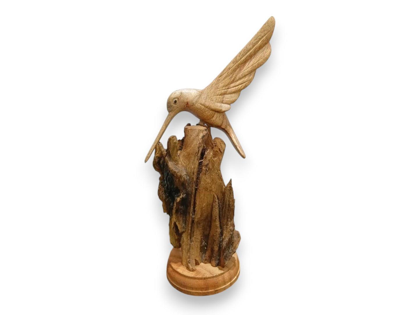 Hand Carved Wooden Hummingbird on Natural Rootwood Sculpture