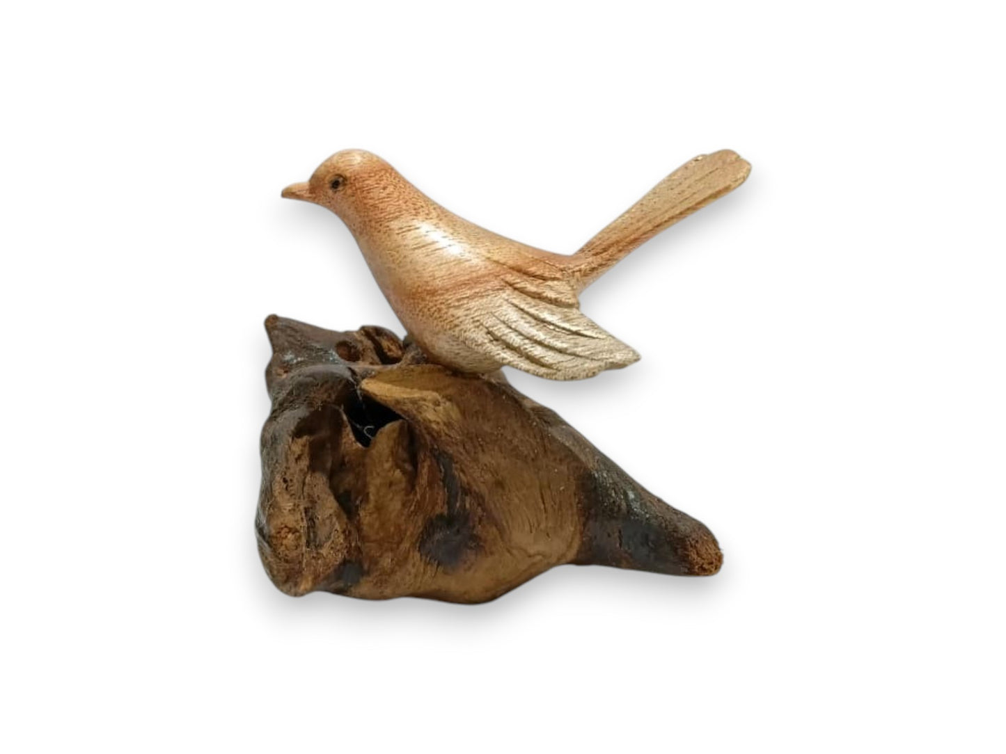 Hand Carved Wooden Bird Figurine on Natural Rootwood