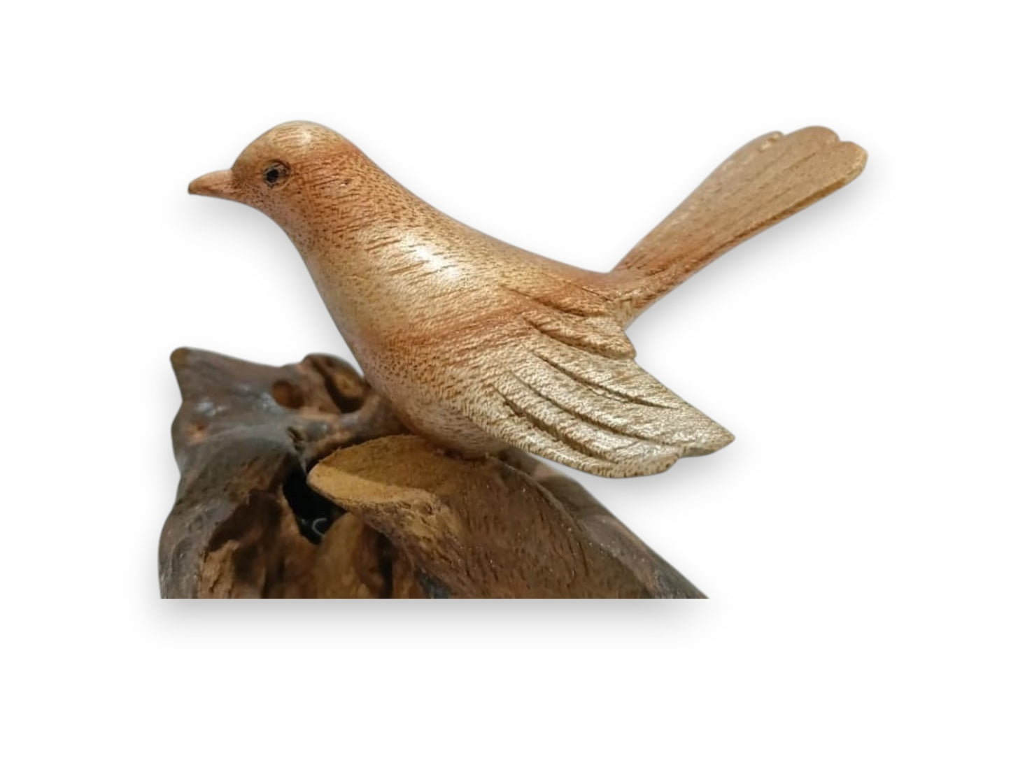 Hand Carved Wooden Bird Figurine on Natural Rootwood