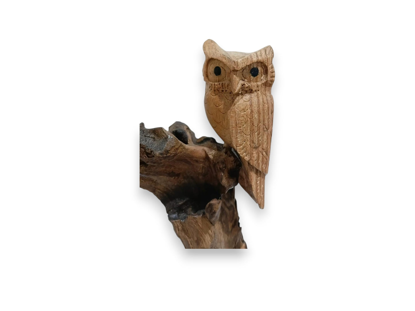 Hand Carved Wooden Owl Couple Sculpture on Driftwood