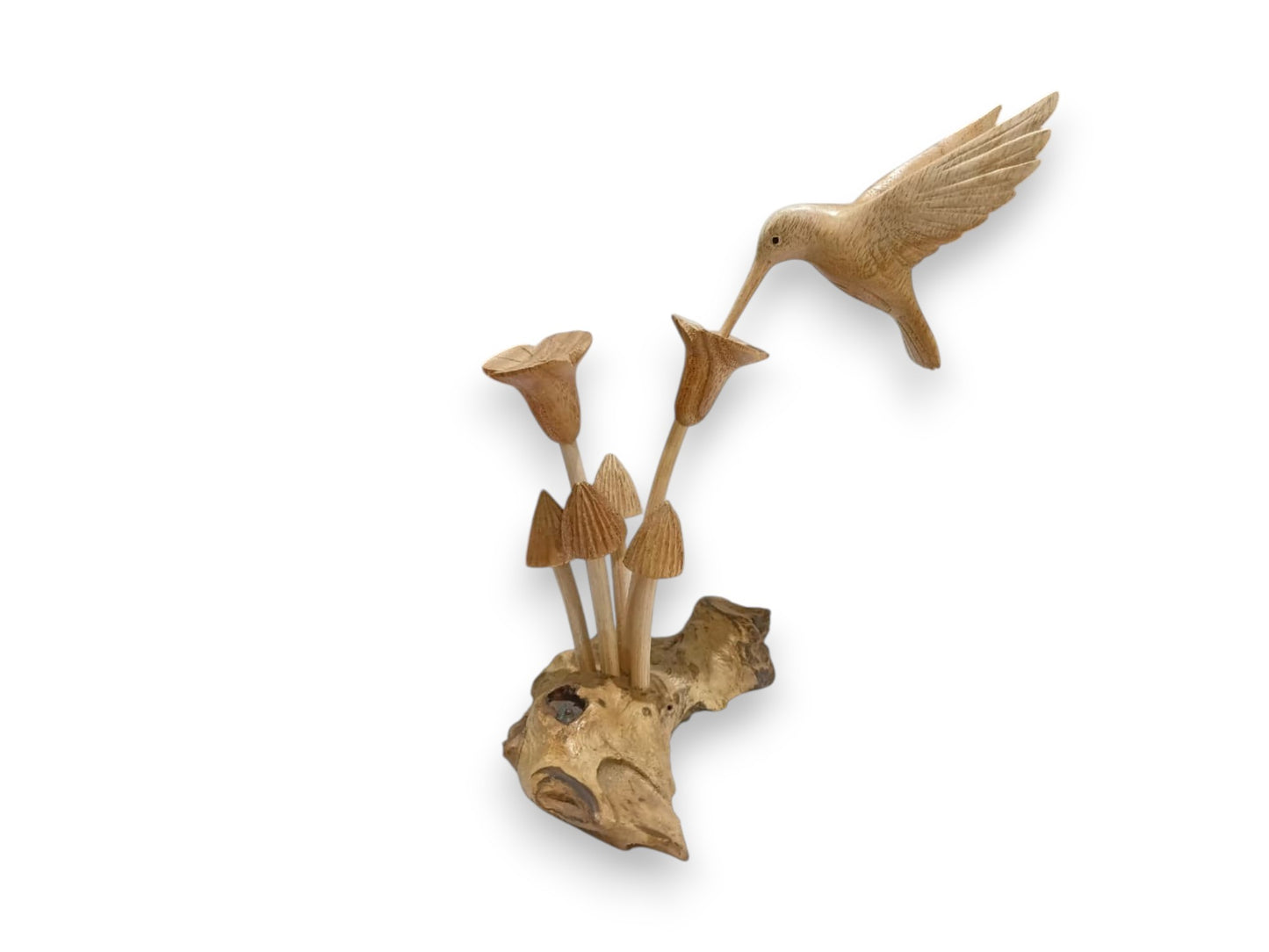 Hand Carved Wooden Hummingbird with Flowers and Mushrooms