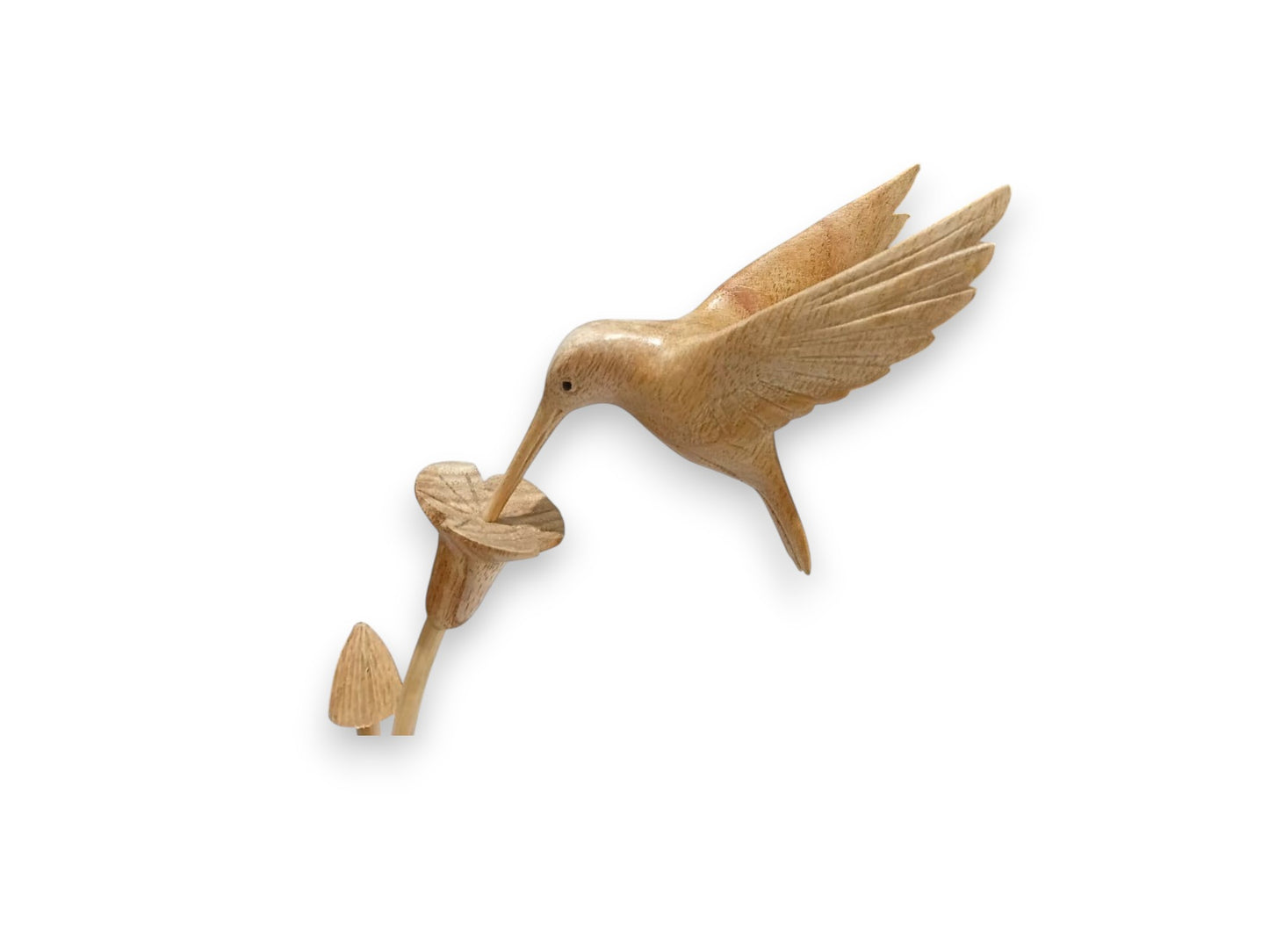 Hand Carved Wooden Hummingbird with Flowers and Mushrooms