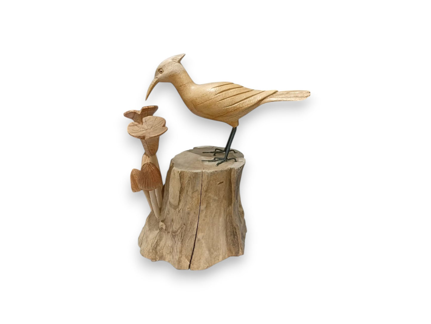 Hand Carved Wooden Woodpecker with Mushroom Sculpture