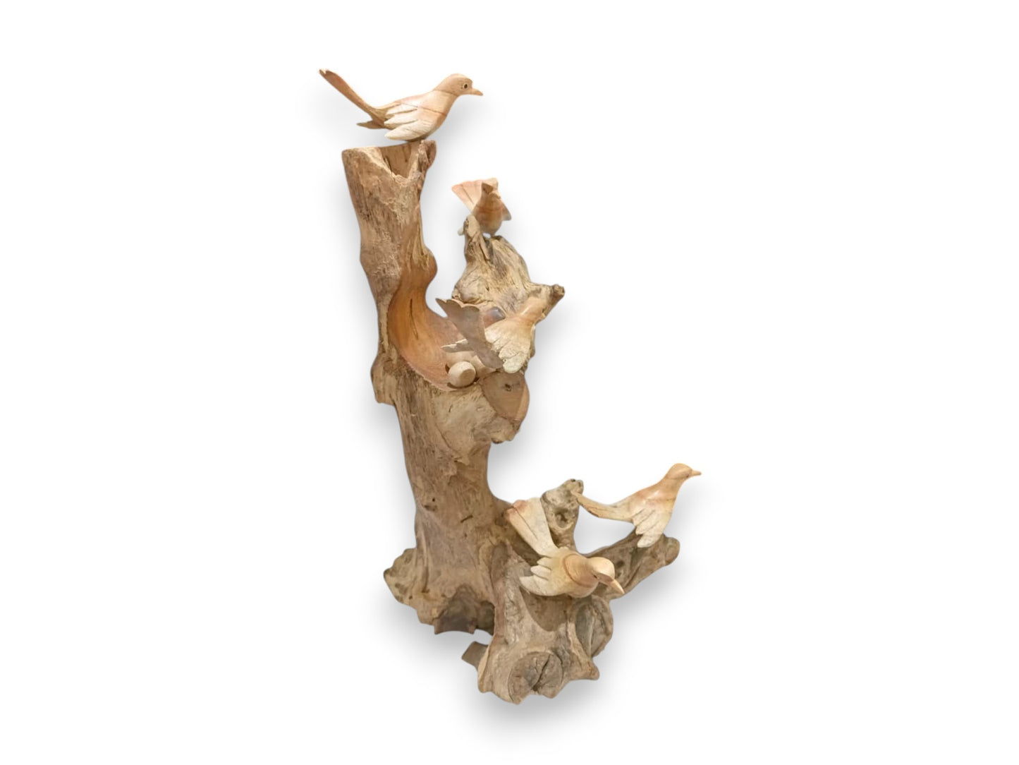 Hand Carved Wooden Bird Family with Nest and Eggs Sculpture