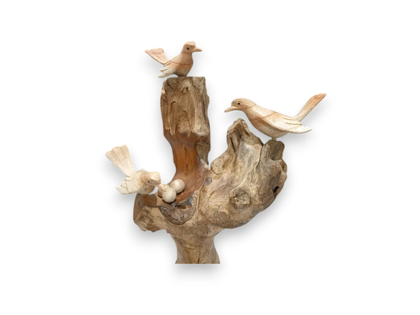 Hand Carved Wooden Bird Family with Nest and Eggs Sculpture