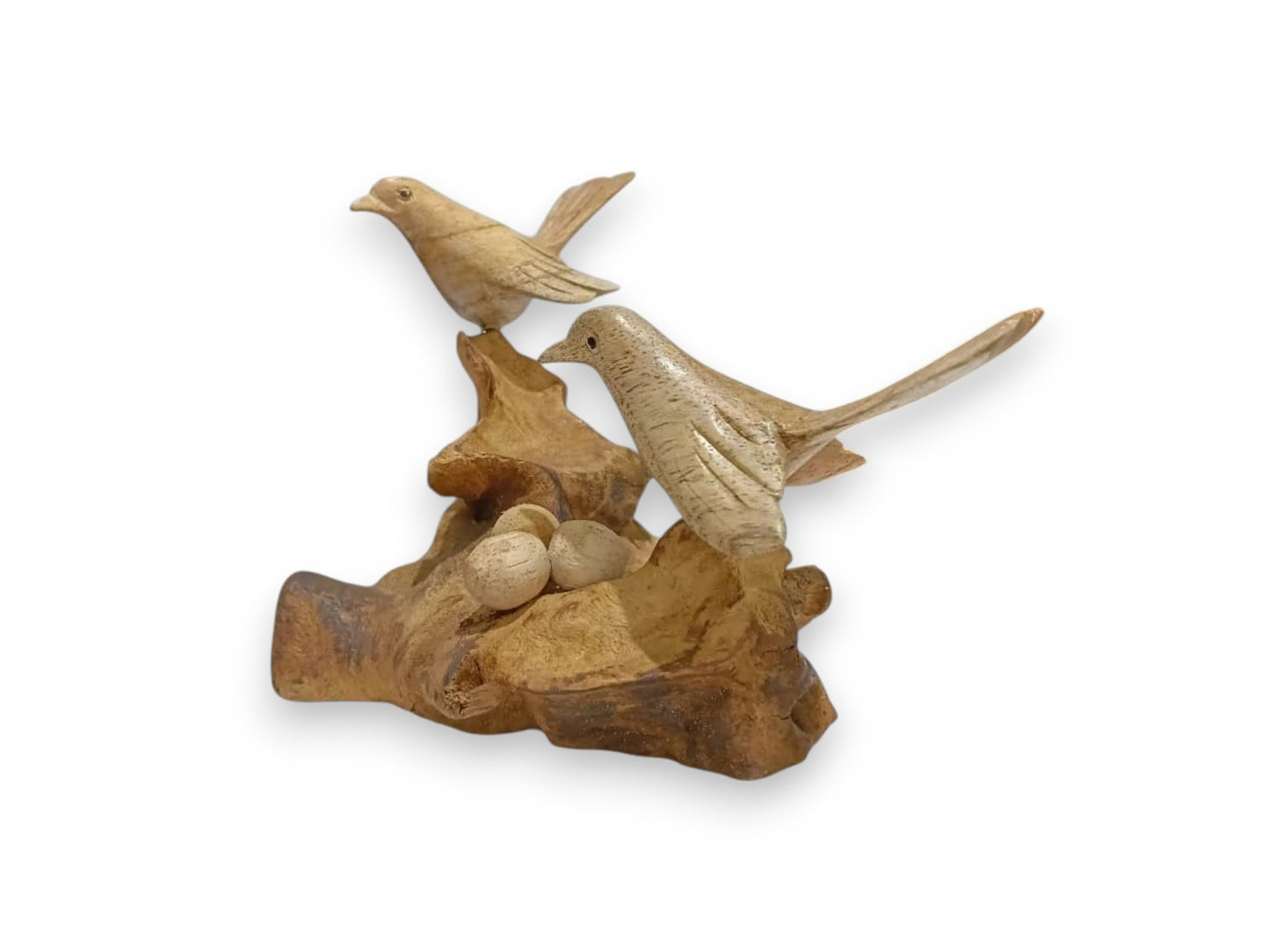 Hand Carved Wooden Bird Couple with Three Eggs Sculpture