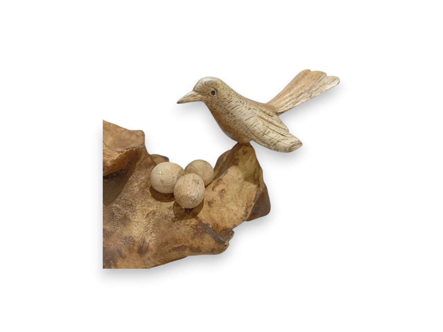Hand Carved Wooden Bird Couple with Three Eggs Sculpture