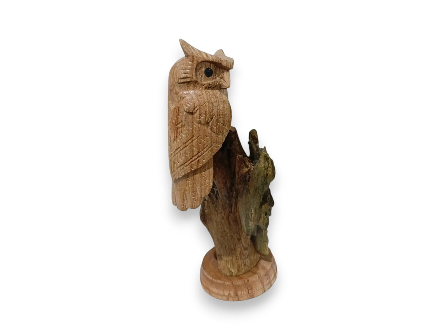 Hand Carved Wooden Owl Sculpture on Natural Wood Base