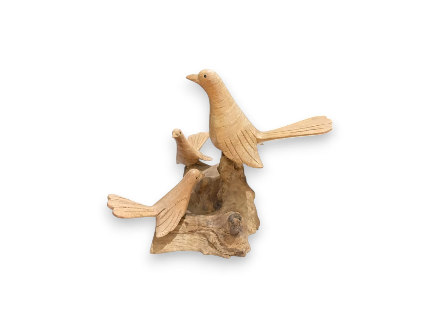 Hand Carved Wooden Bird Family of Three on Rootwood