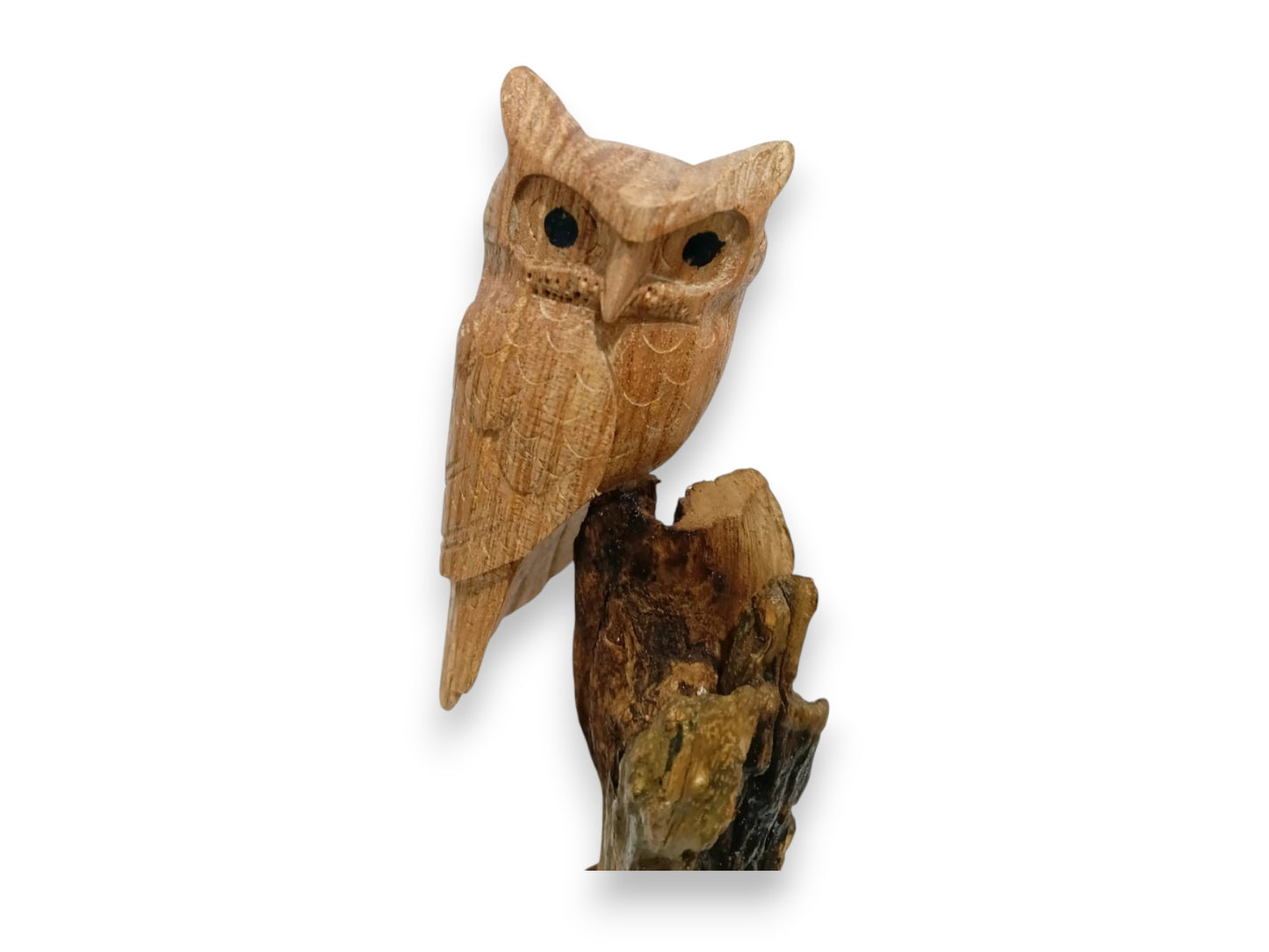 Hand Carved Wooden Owl Sculpture on Natural Wood Base