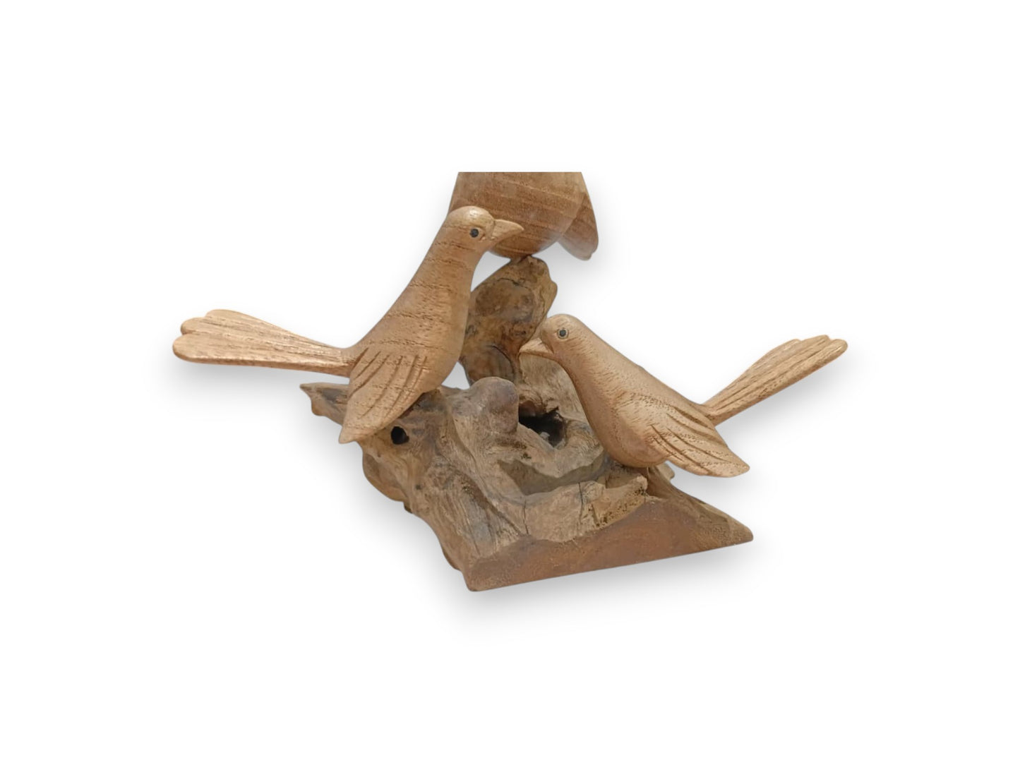 Hand Carved Wooden Bird Family of Three on Rootwood