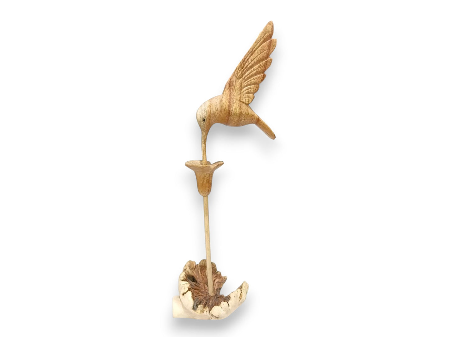 Hand Carved Wooden Hummingbird Feeding from Flower Sculpture
