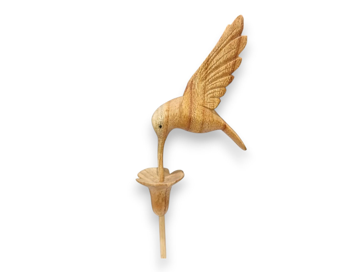 Hand Carved Wooden Hummingbird Feeding from Flower Sculpture
