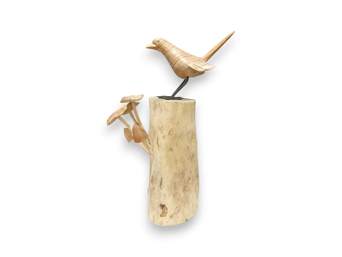 Hand Carved Wooden Bird with Mushroom Sculpture on Rootwood