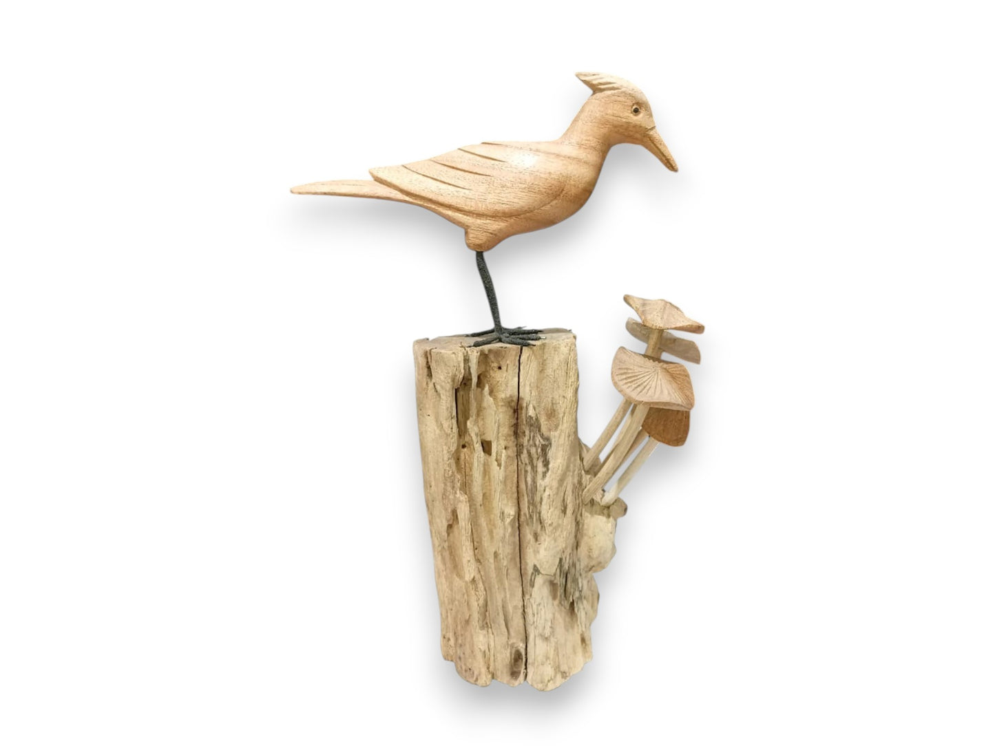 Tall Hand Carved Wooden Woodpecker with Mushroom Sculpture