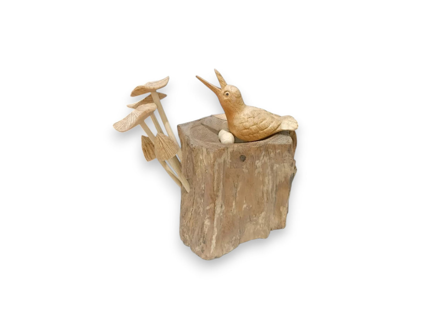 Hand Carved Wooden Bird with Three Eggs and Mushrooms
