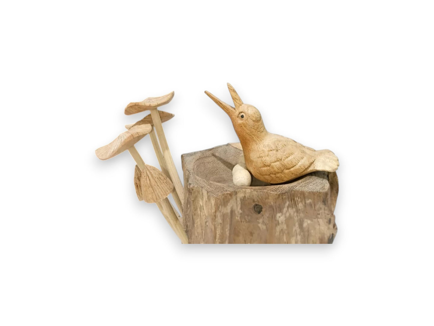 Hand Carved Wooden Bird with Three Eggs and Mushrooms