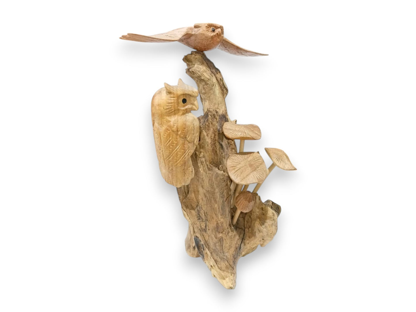 Hand Carved Wooden Owl Pair with Mushroom Sculpture