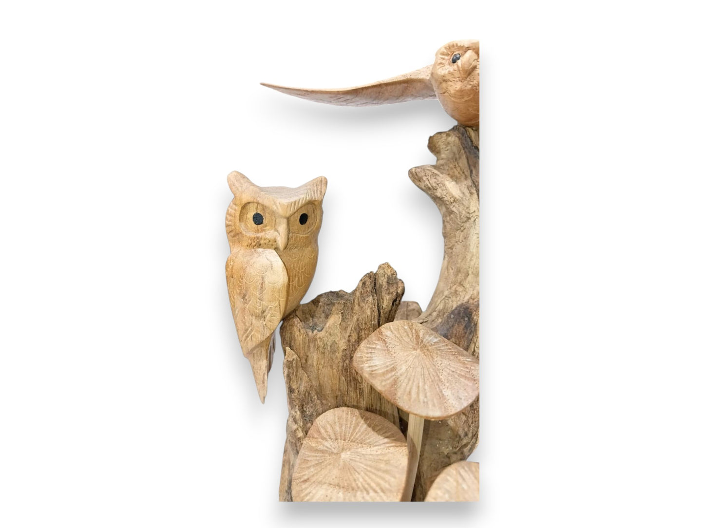 Hand Carved Wooden Owl Pair with Mushroom Sculpture