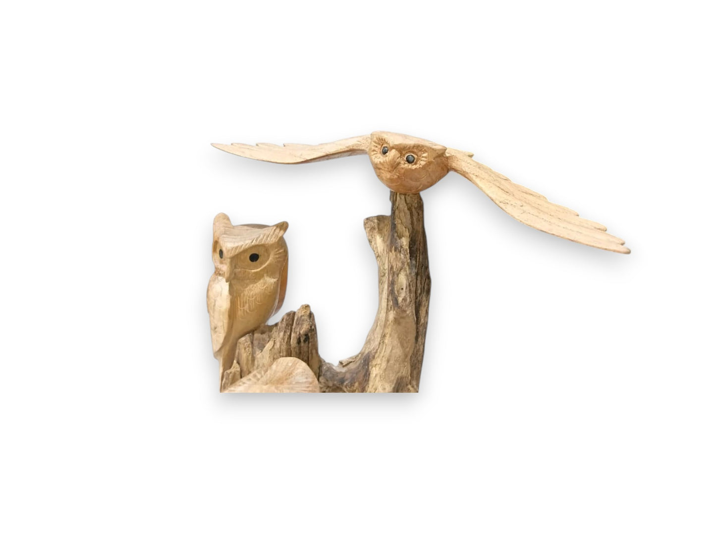 Hand Carved Wooden Owl Pair with Mushroom Sculpture