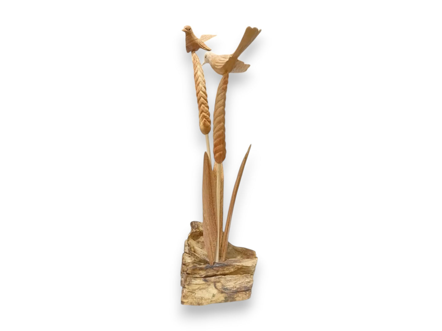 Hand Carved Wooden Bird Couple on Wheat Stalks Sculpture