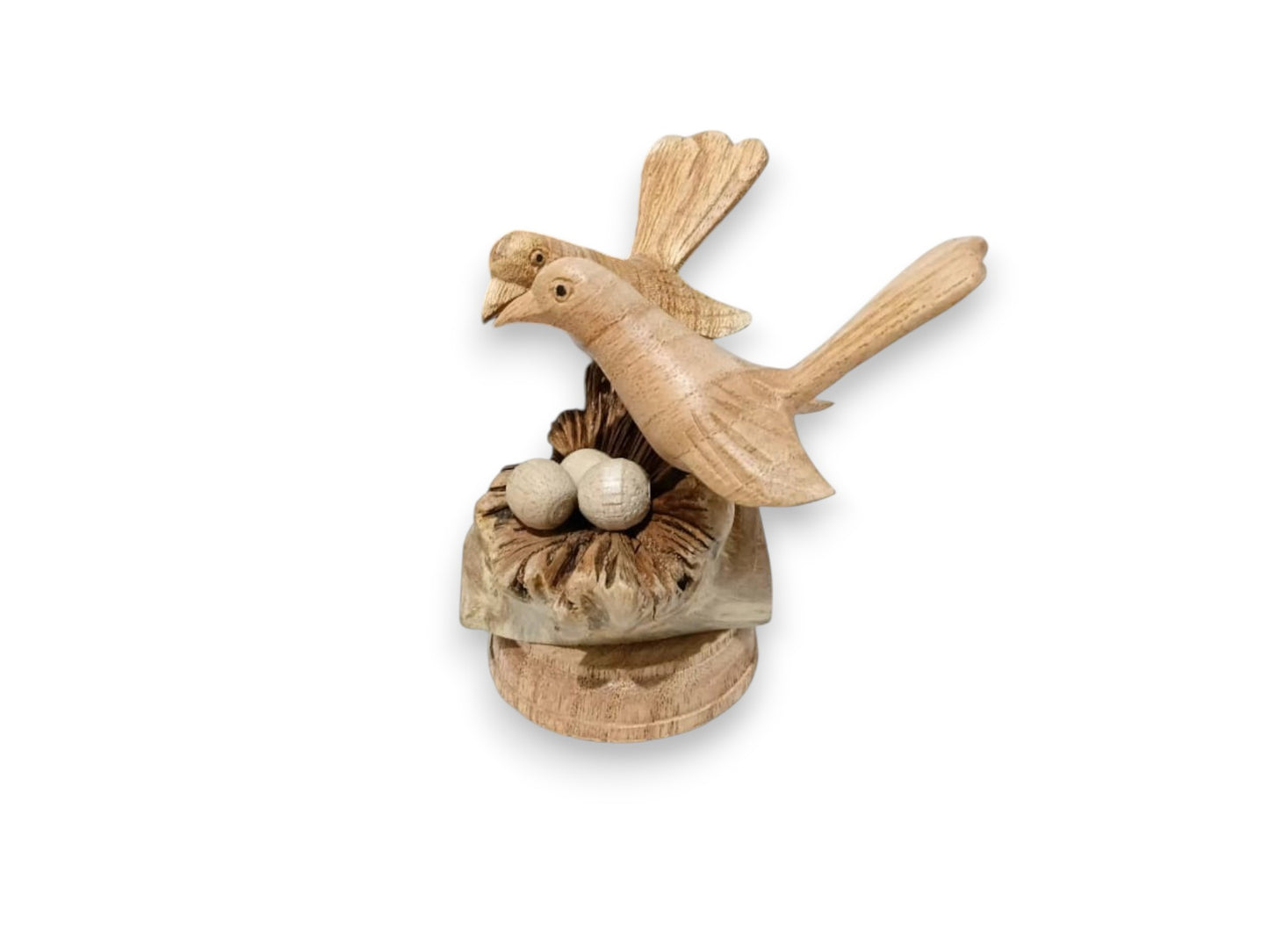 Hand Carved Wooden Bird Couple with Nest and Eggs Sculpture