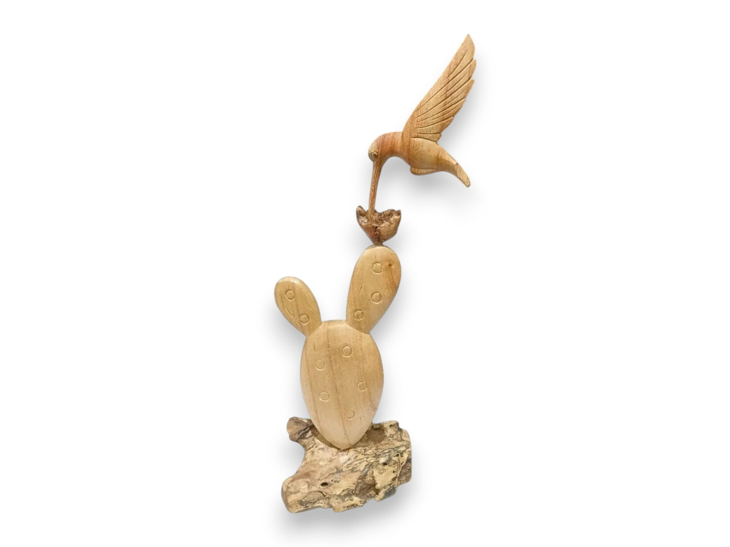 Hand Carved Wooden Hummingbird and Cactus Sculpture
