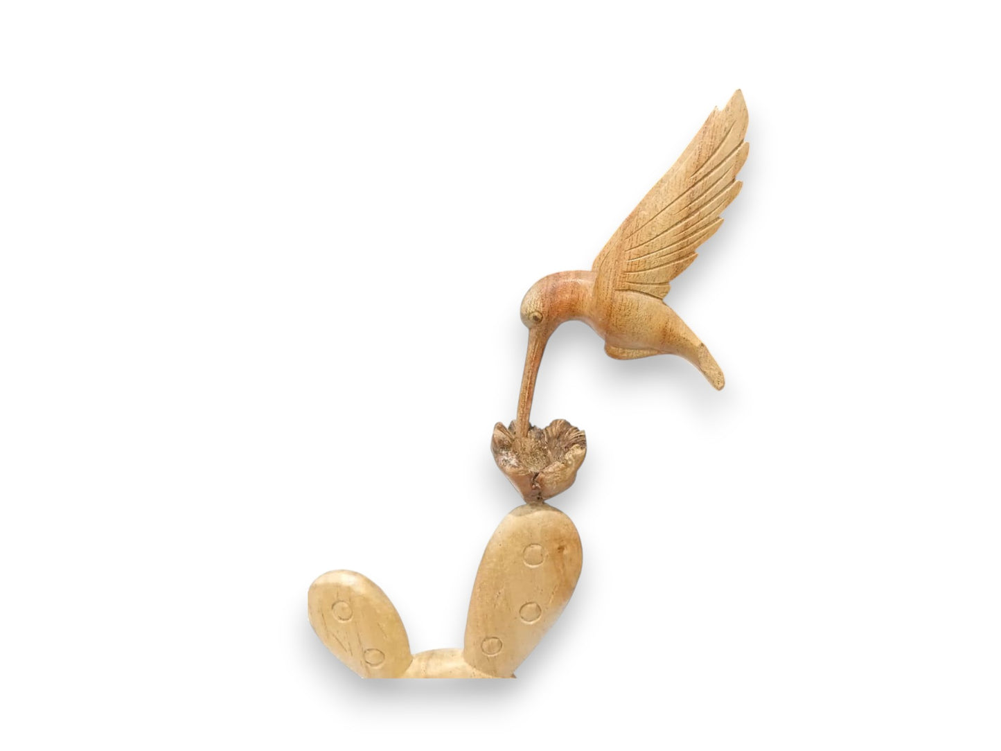 Hand Carved Wooden Hummingbird and Cactus Sculpture