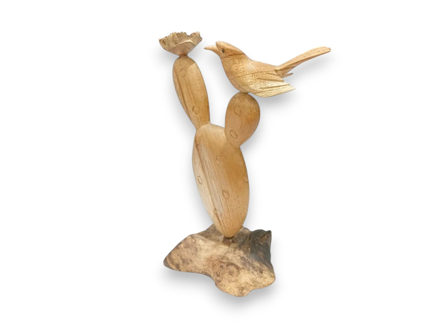 Hand Carved Wooden Bird on Prickly Pear Cactus Sculpture