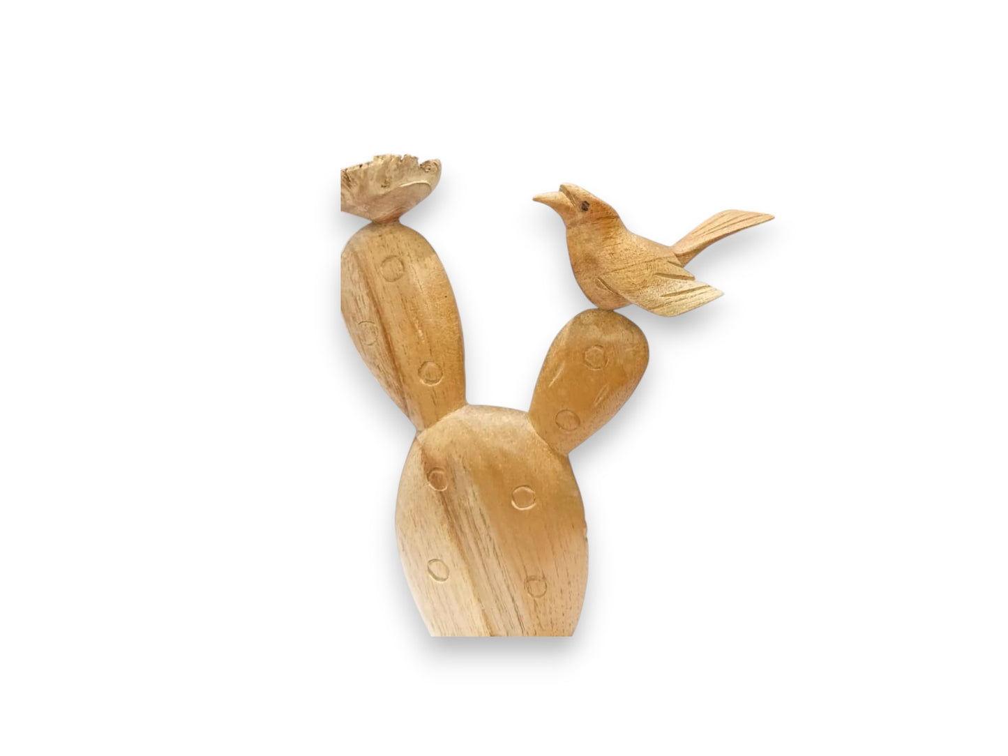 Hand Carved Wooden Bird on Prickly Pear Cactus Sculpture
