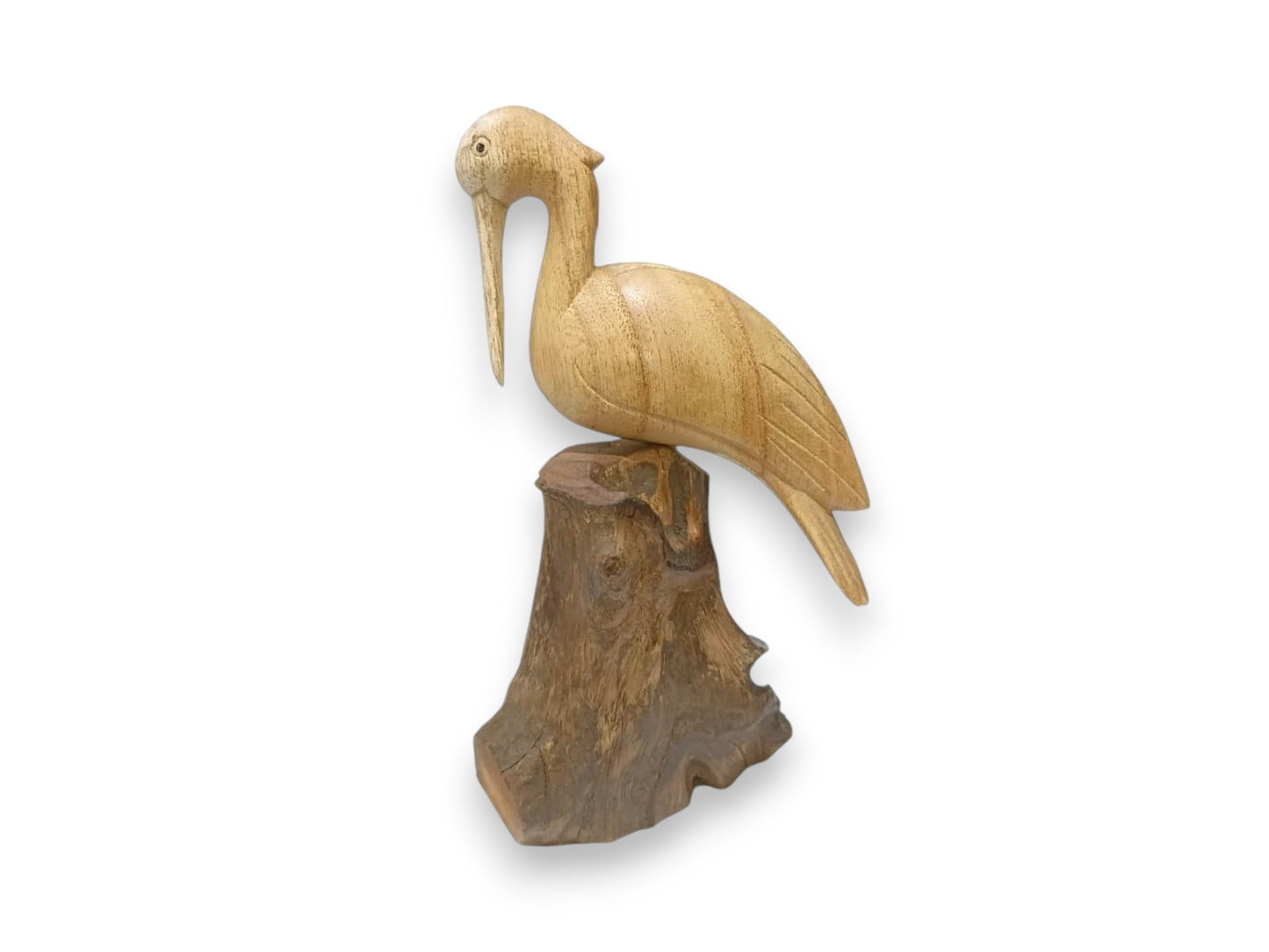 Hand Carved Wooden Pelican Sculpture on Natural Rootwood