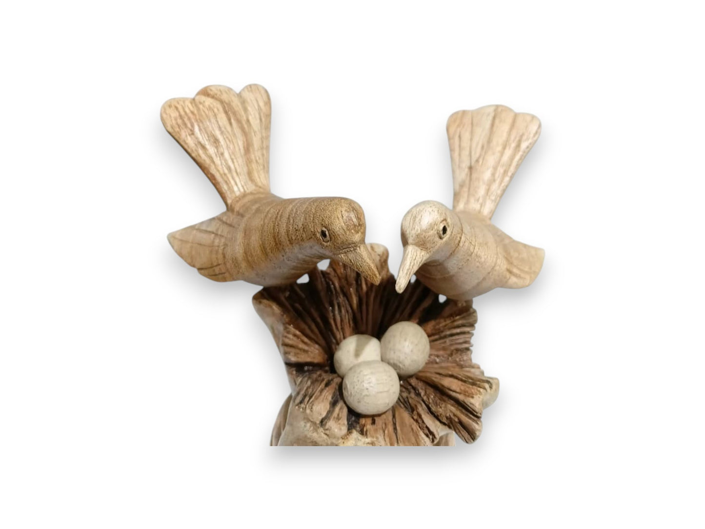 Hand Carved Wooden Bird Couple with Nest and Eggs Sculpture
