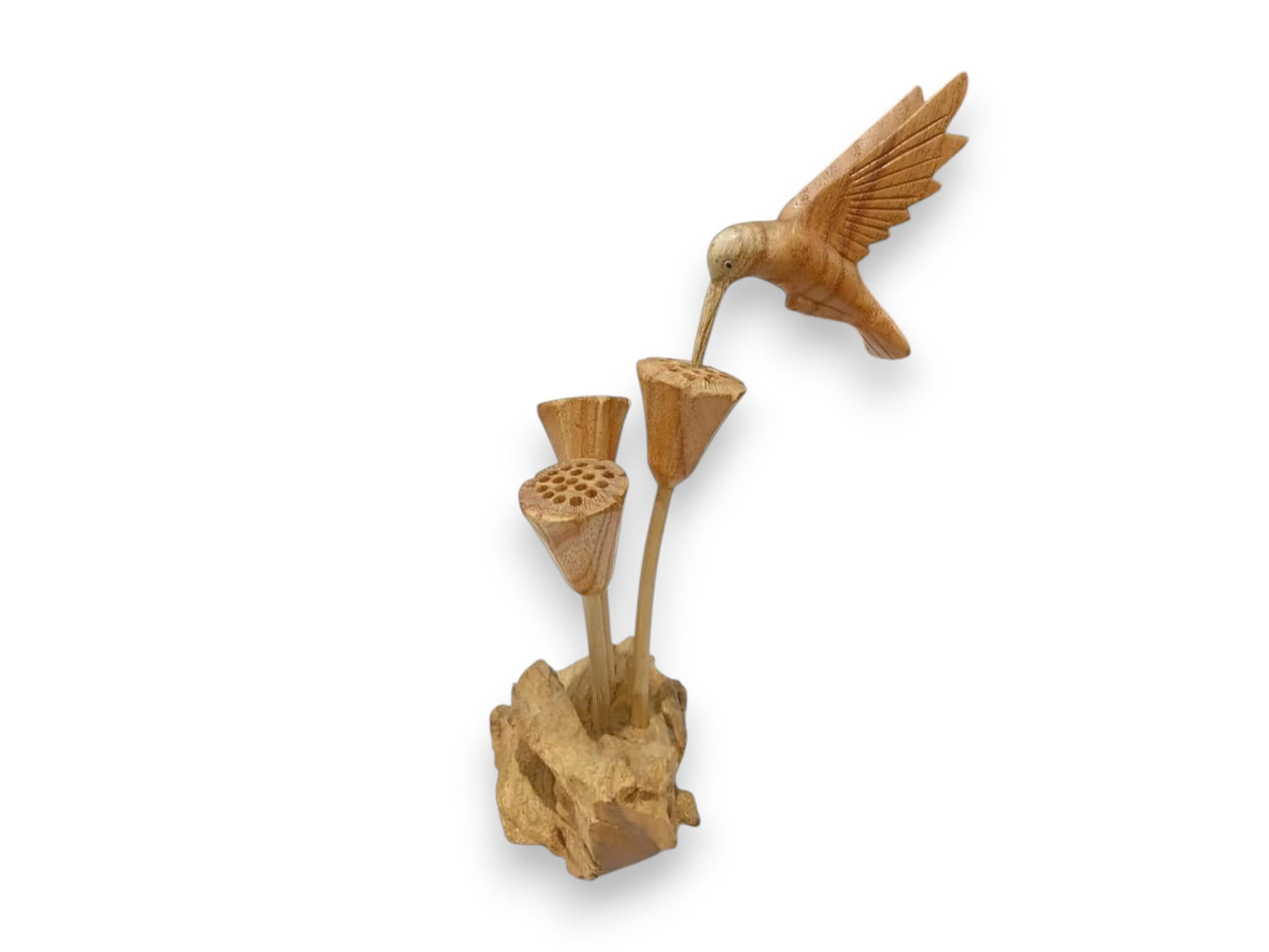 Hand Carved Wooden Hummingbird with Lotus Seed Pods Sculpture